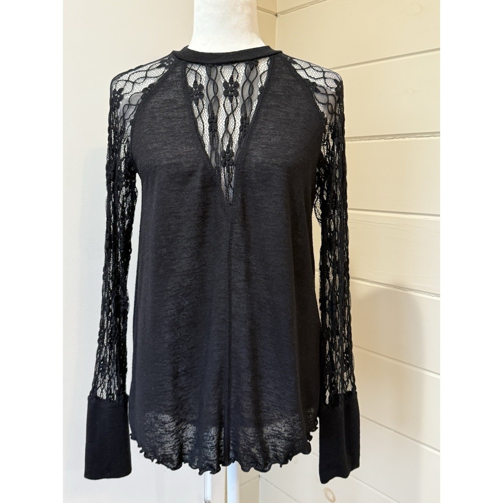 Maurices Lace Long Sleeve Top Black Floral Sheer Yoke Viscose Small Boho Blouse